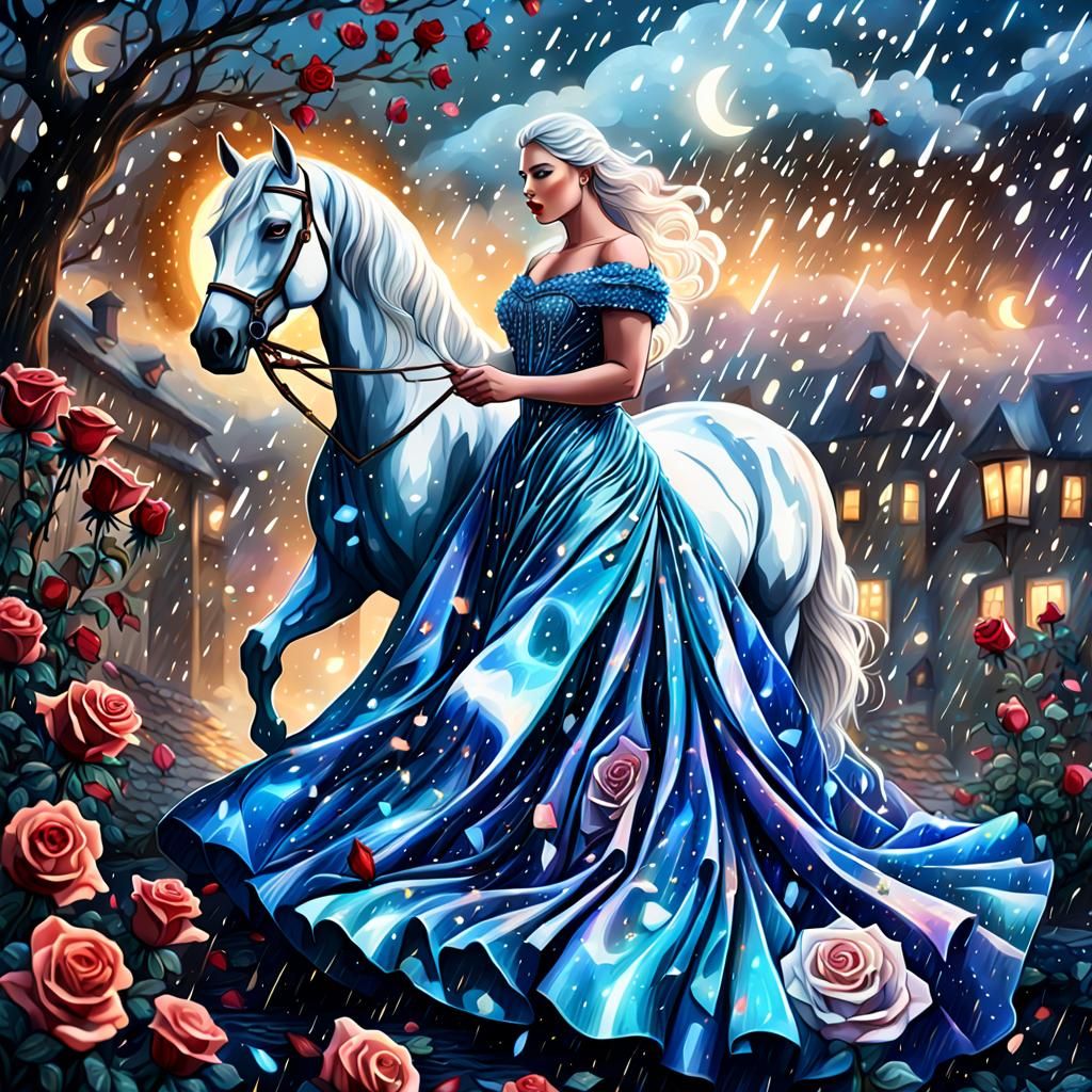 Ethereal Woman and Horse in Rainy Astral Scene