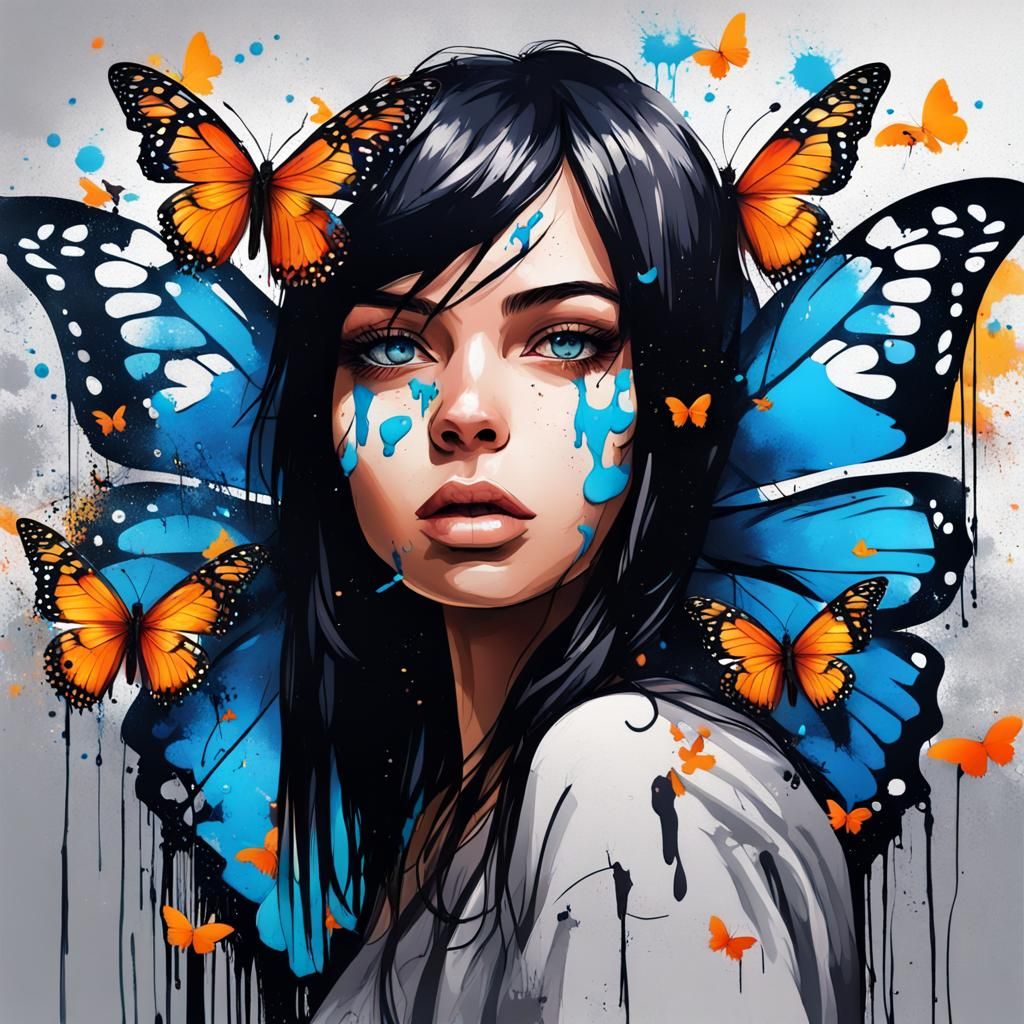 Colorful Graffiti Girl with Butterflies in Splash Art