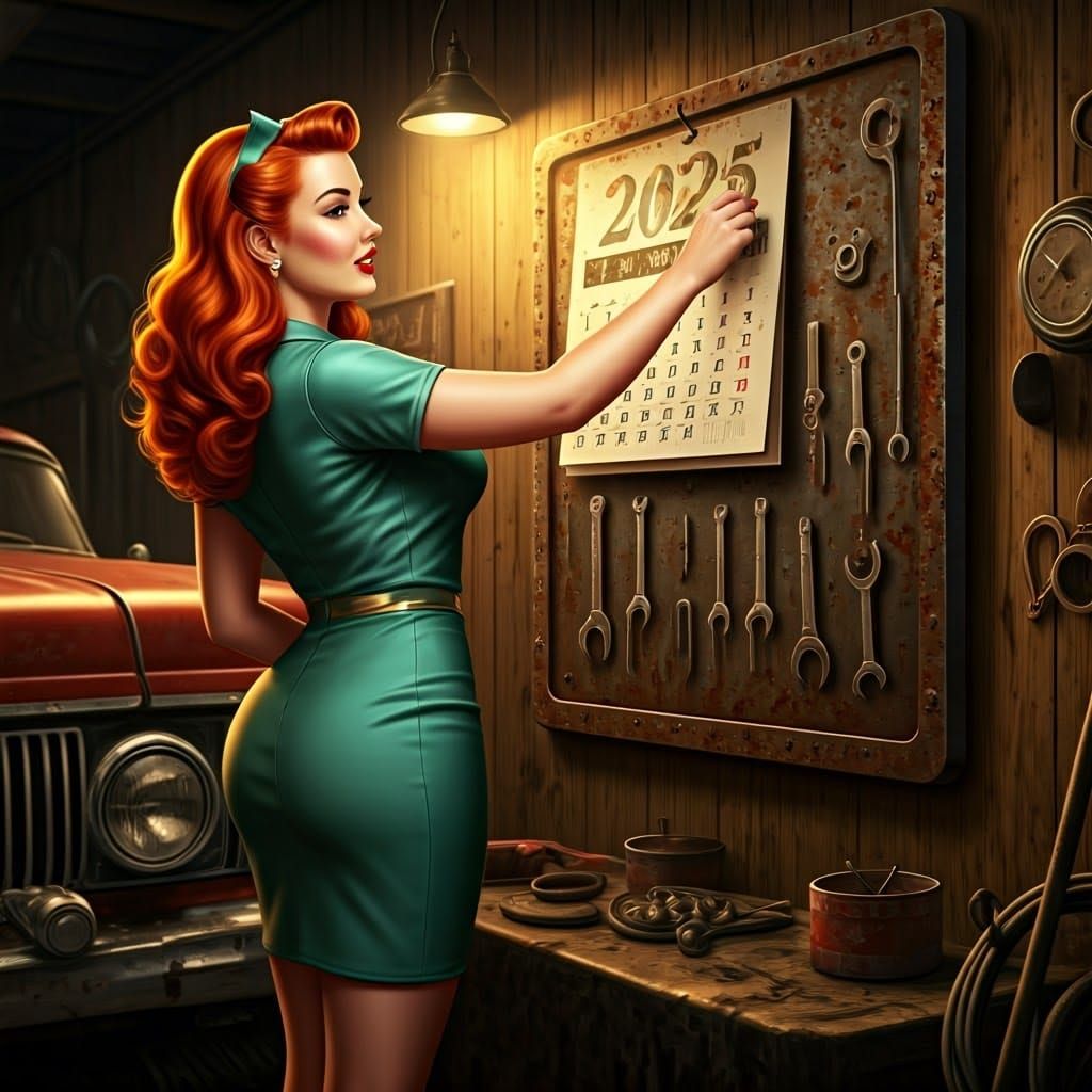 Retro Pin-Up Girl Hangs 2025 Calendar in Vintage 1950s Garag...
