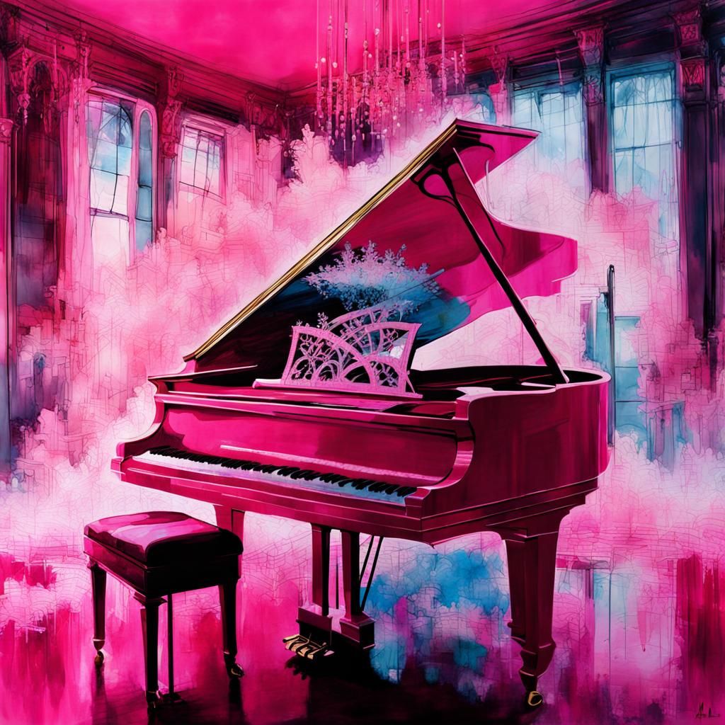 Pink Piano Double Exposure Watercolor Splash Art