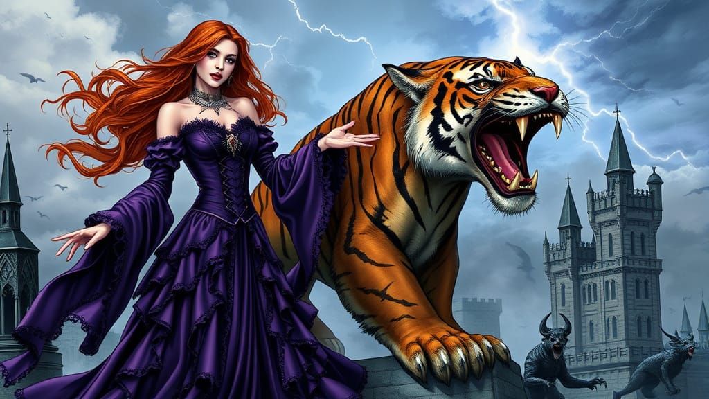 Vampire Sorceress Commands Tiger on Gothic Tower