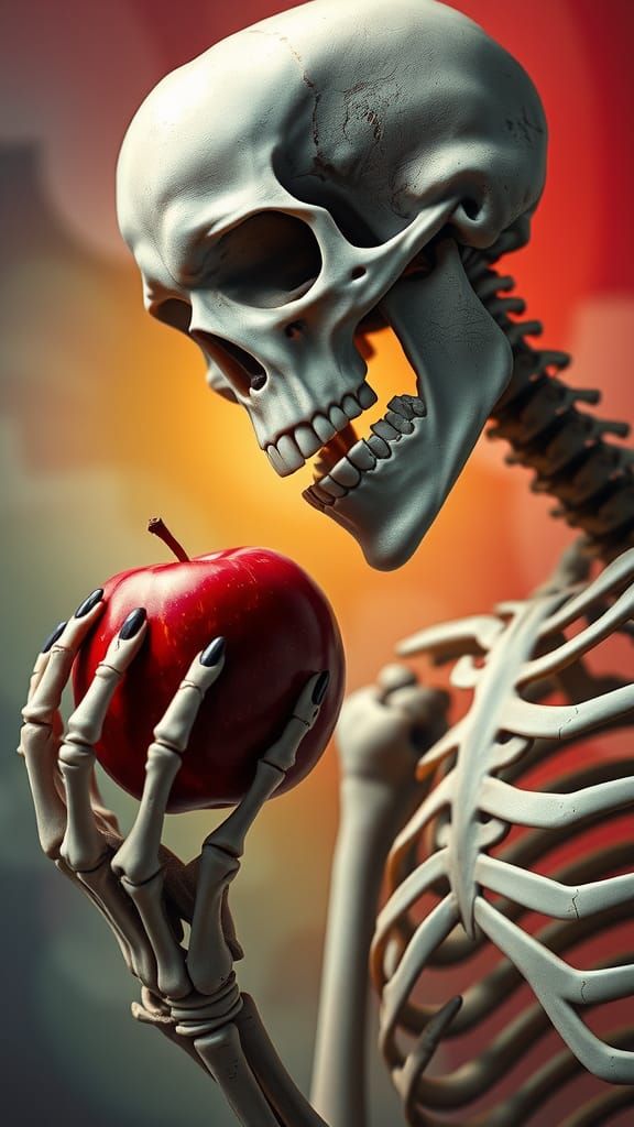 Hyperrealistic Skeleton Gazing at an Apple