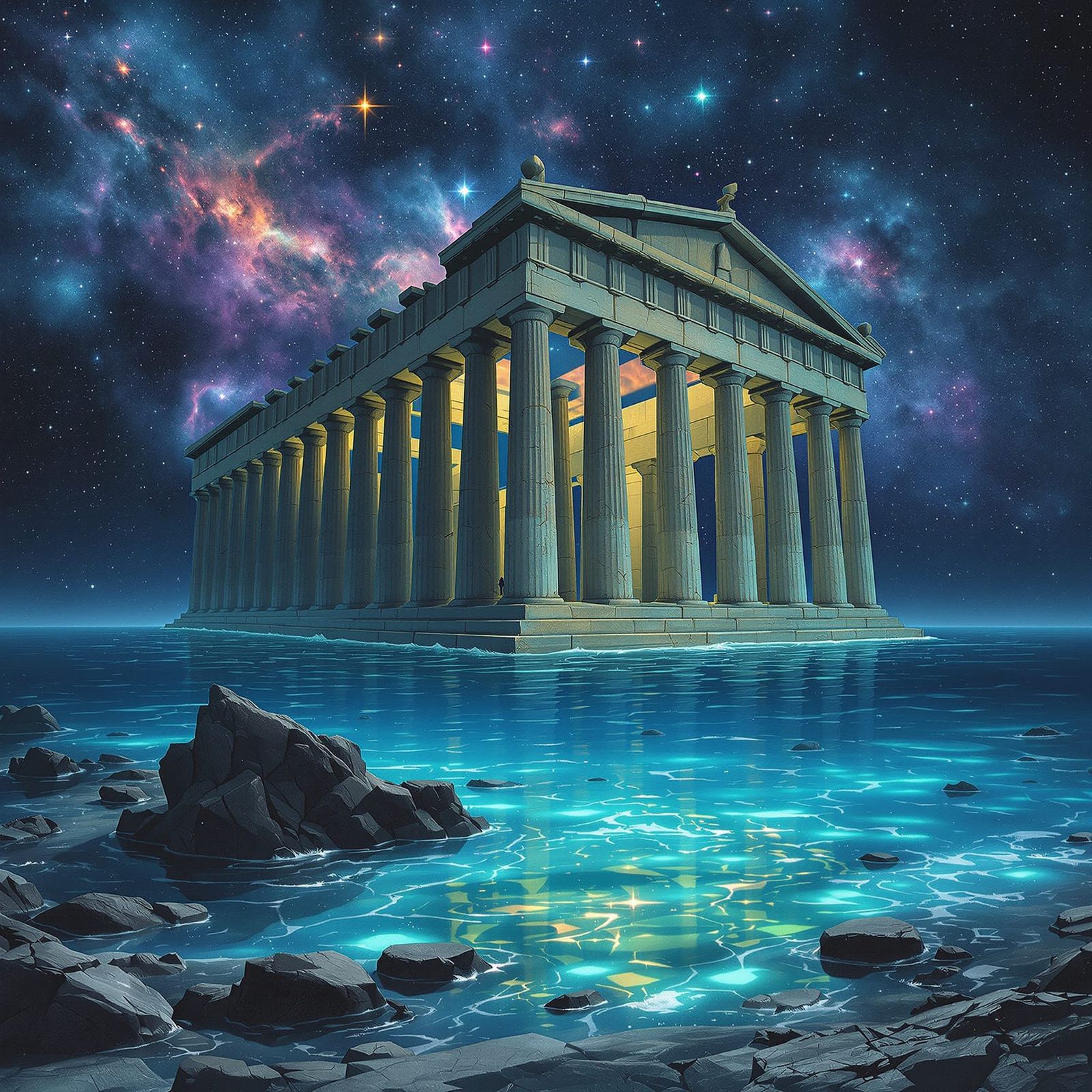Ancient Parthenon Submerged in Bioluminescent Sea