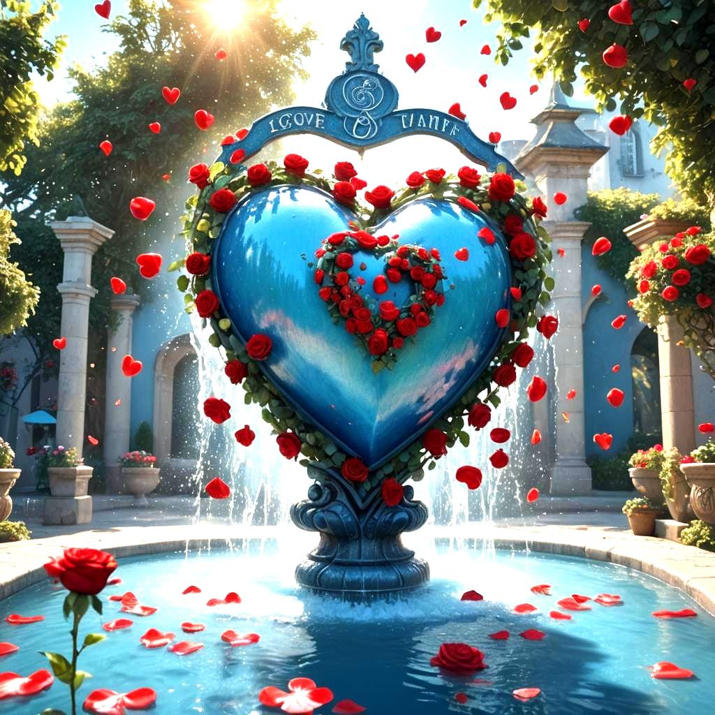 Romantic Heart Fountain with Roses, Detailed Matte Painting