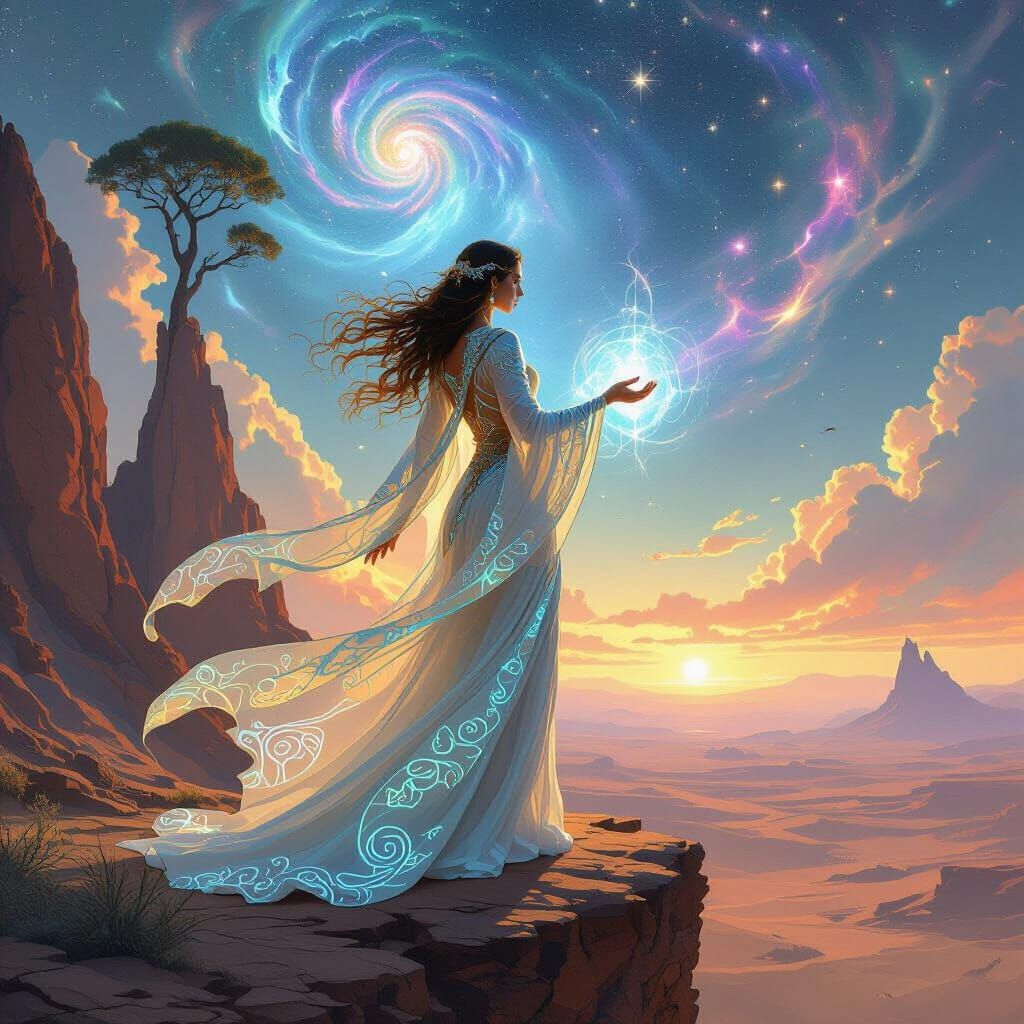 Bioluminescent Sorceress Over Alien Desert, Art Nouveau