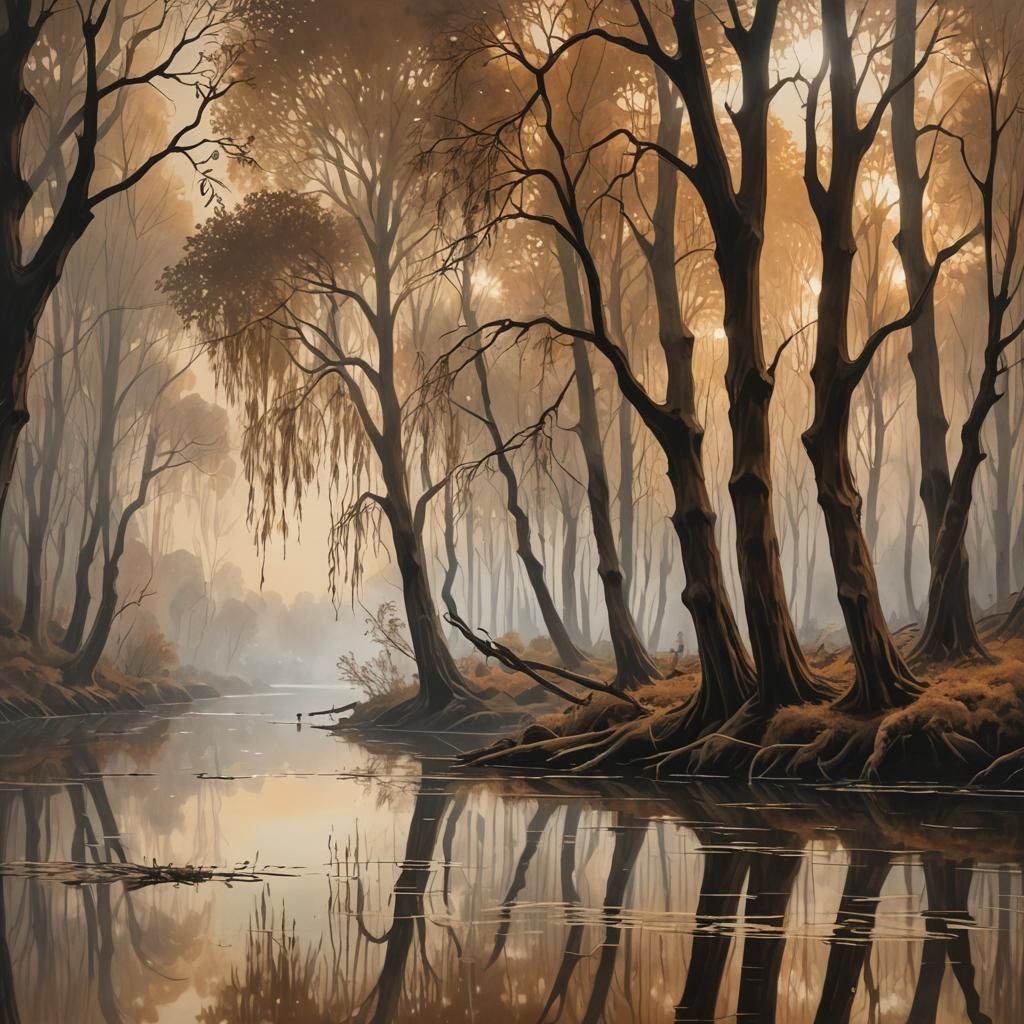 Surreal Smoke-Filled Forest in Pre-Raphaelite Style