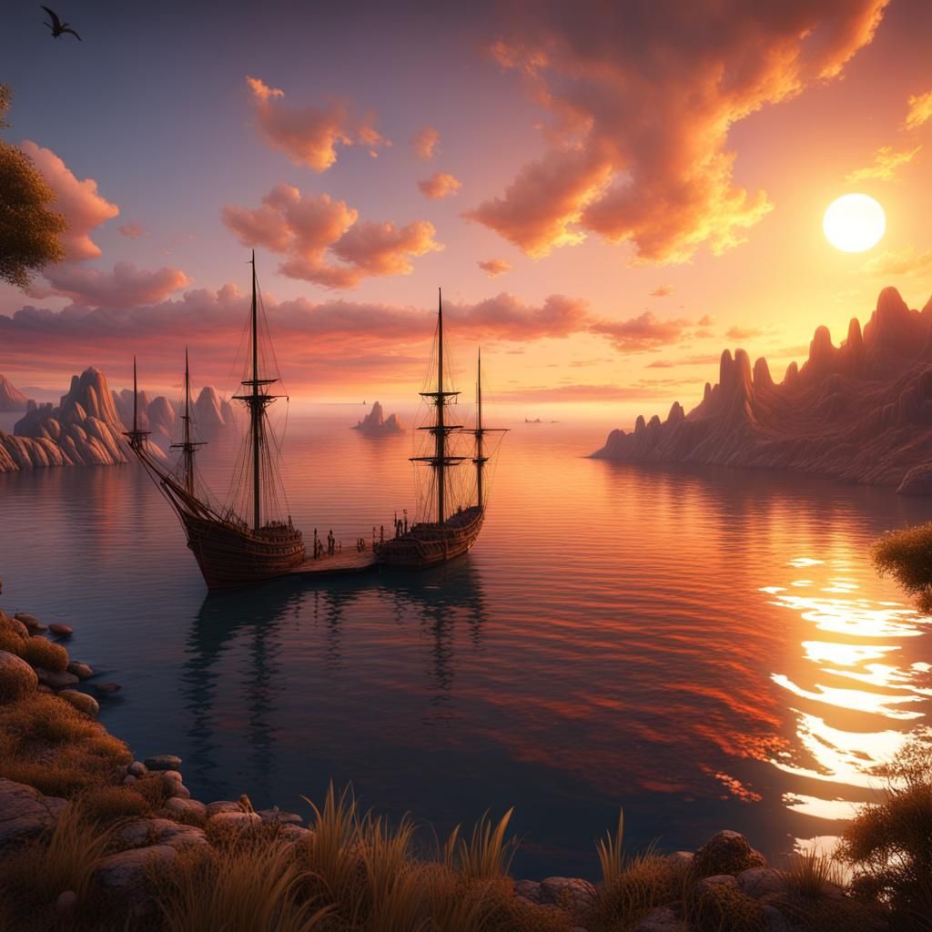 Fantastical Sunset Over Bay: Matte Painting