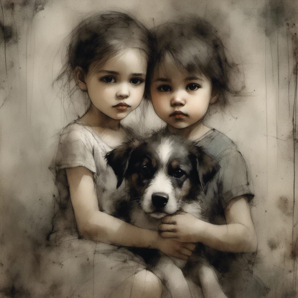 Toddler Siblings with Dog in Charcoal Style