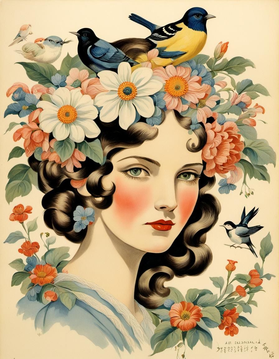 Art Deco Woman with Flowers, Birds, and Cats