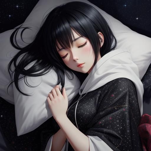 Chibi Girl Sleeping Under Starry Night, Anime Style