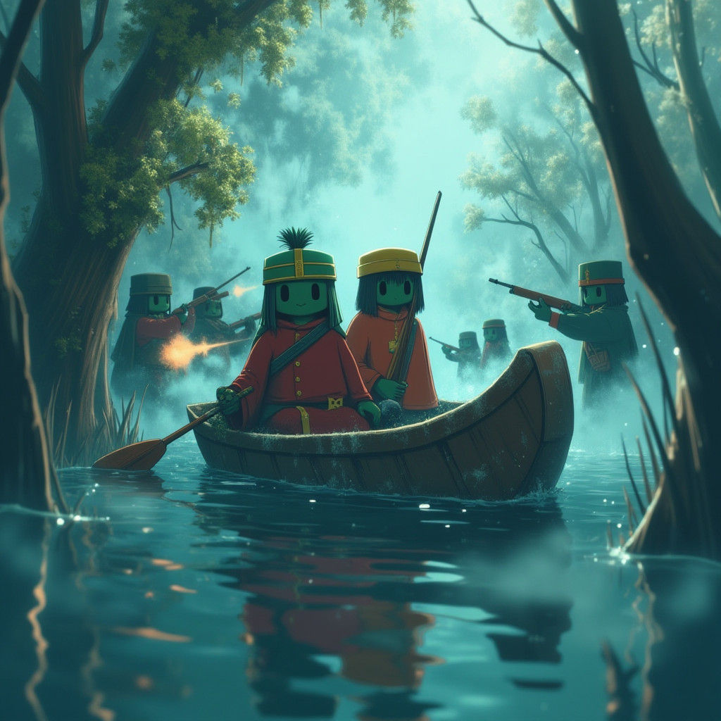 Native American Ambush in a Misty Landscape