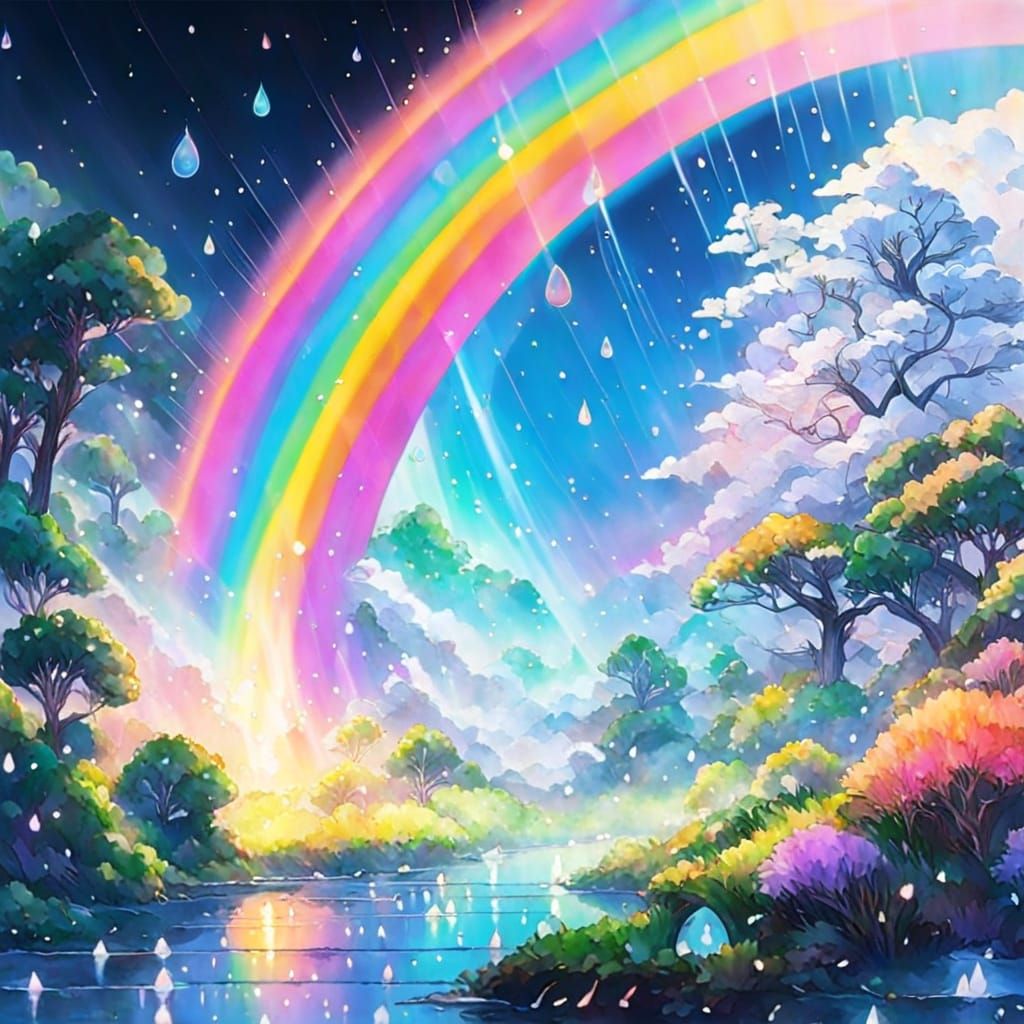 Dreamy Fantasy Realm with Rainbow and Sparkling Raindrops