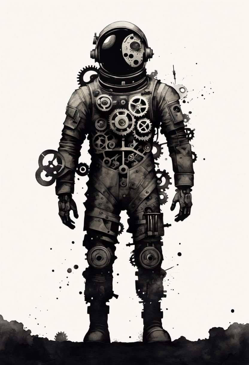 Monochrome Clockwork Astronaut Dissolving into Gears