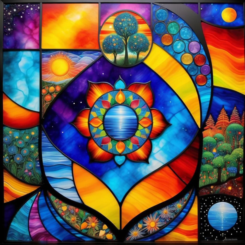 Abstract Stained Glass Landscape in Cubist Style