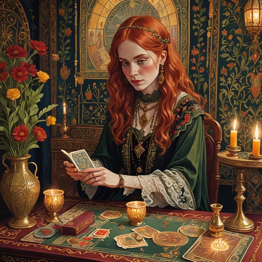 Redhead Woman Reads Tarot in Folk Art Style