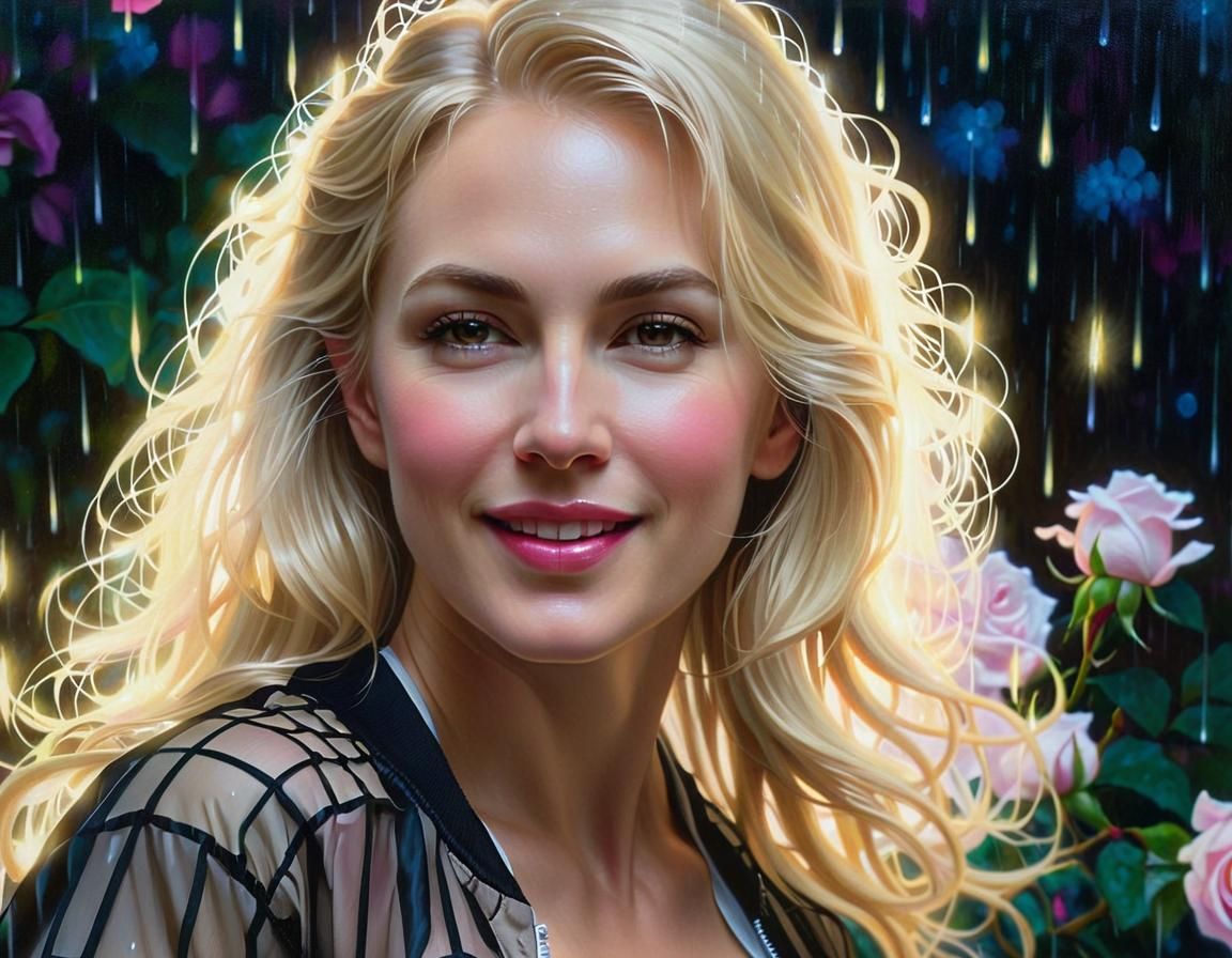 Chiaroscuro Oil Painting of Woman Dancing in Rain