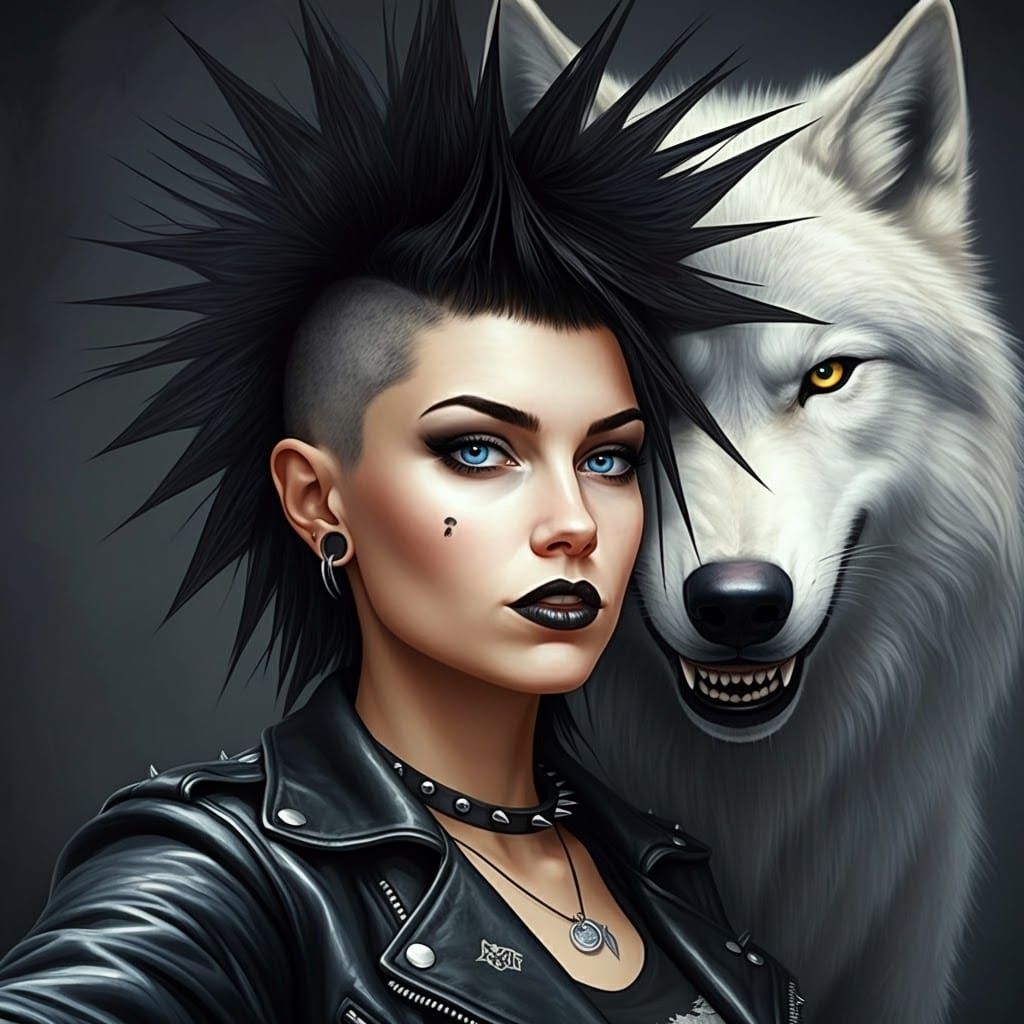 Punk Rock Selfie with White Wolf, Nagel and Moebius Style