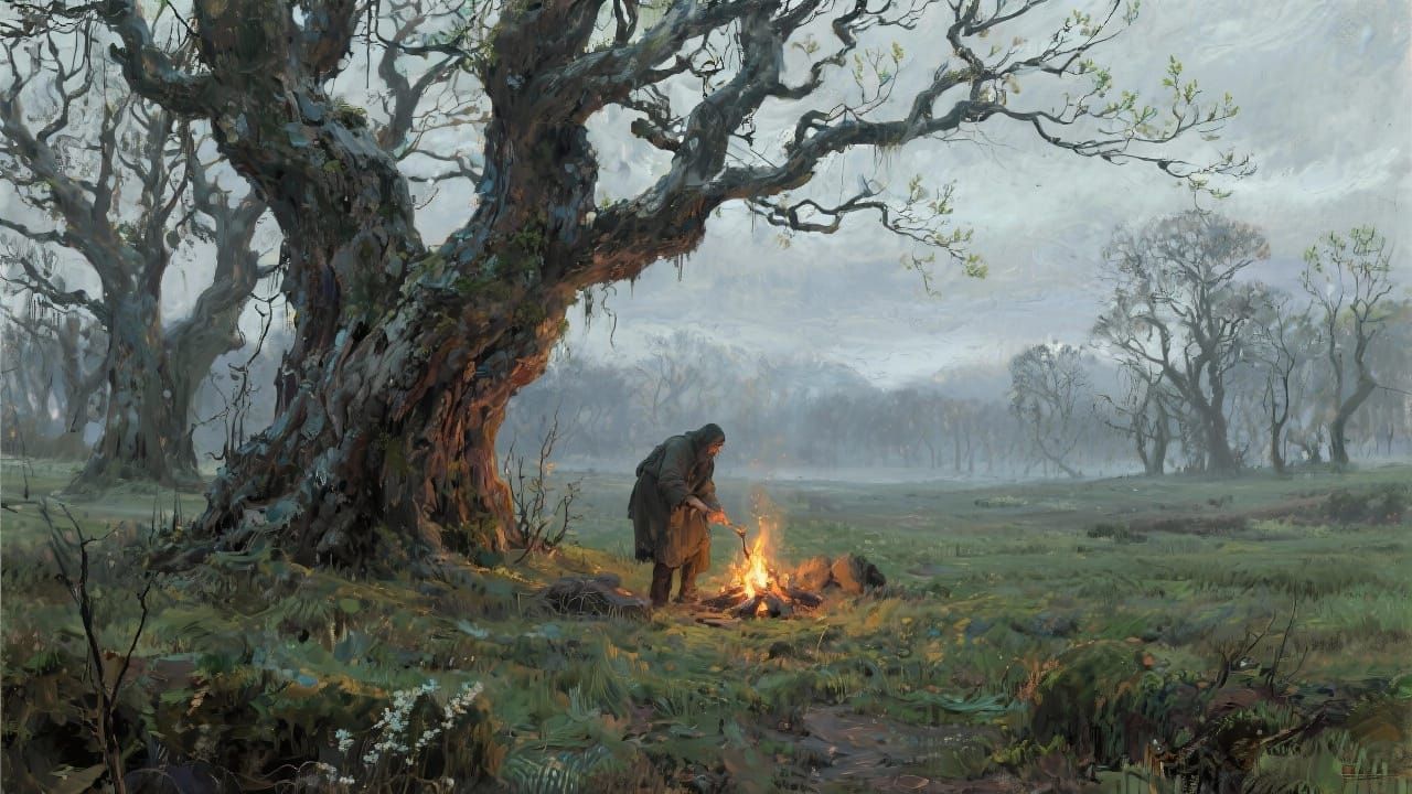 Figure Tending Campfire in Moody Spring Field - Oil Painting