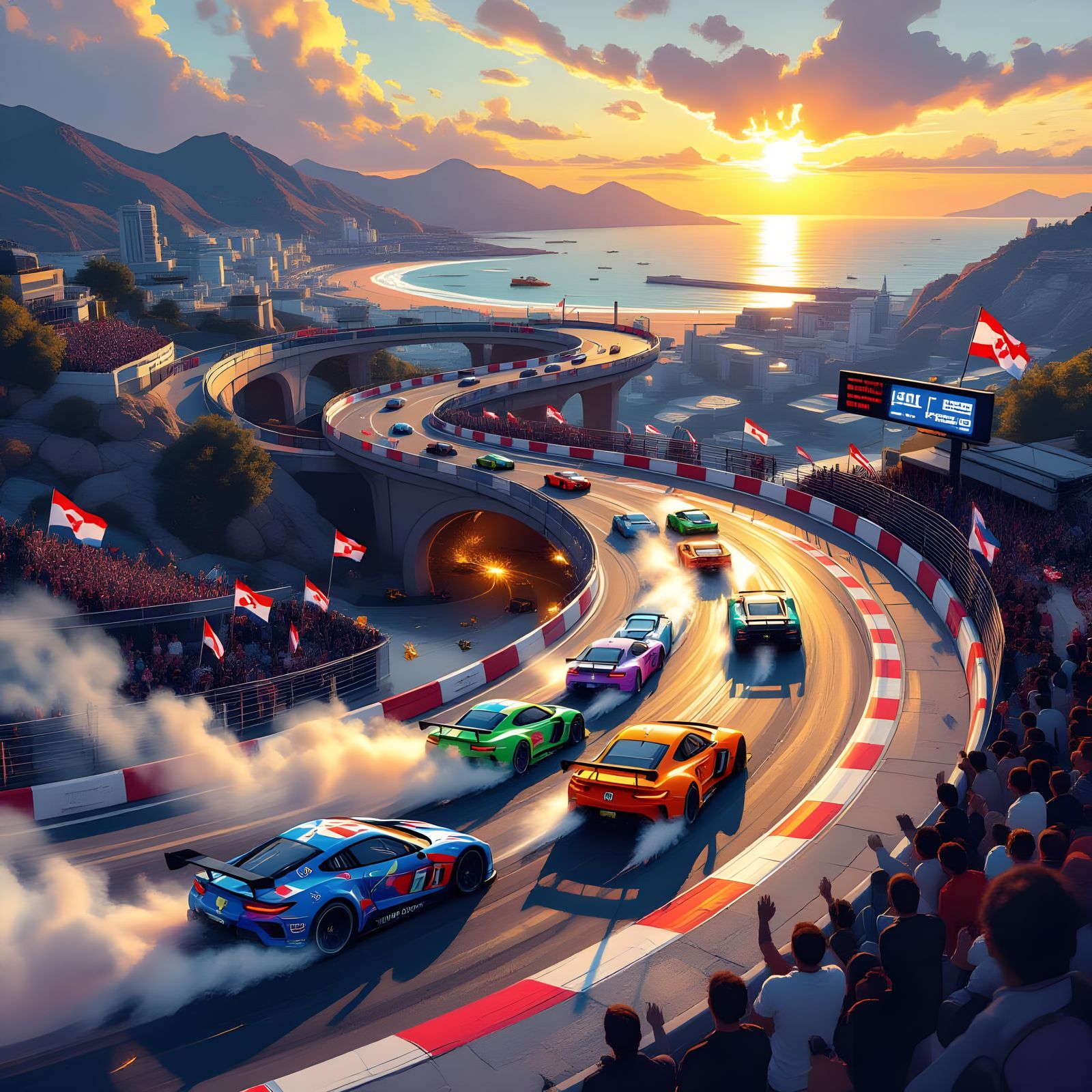 Chaotic Car Race on Twisting Track in a Futuristic Style