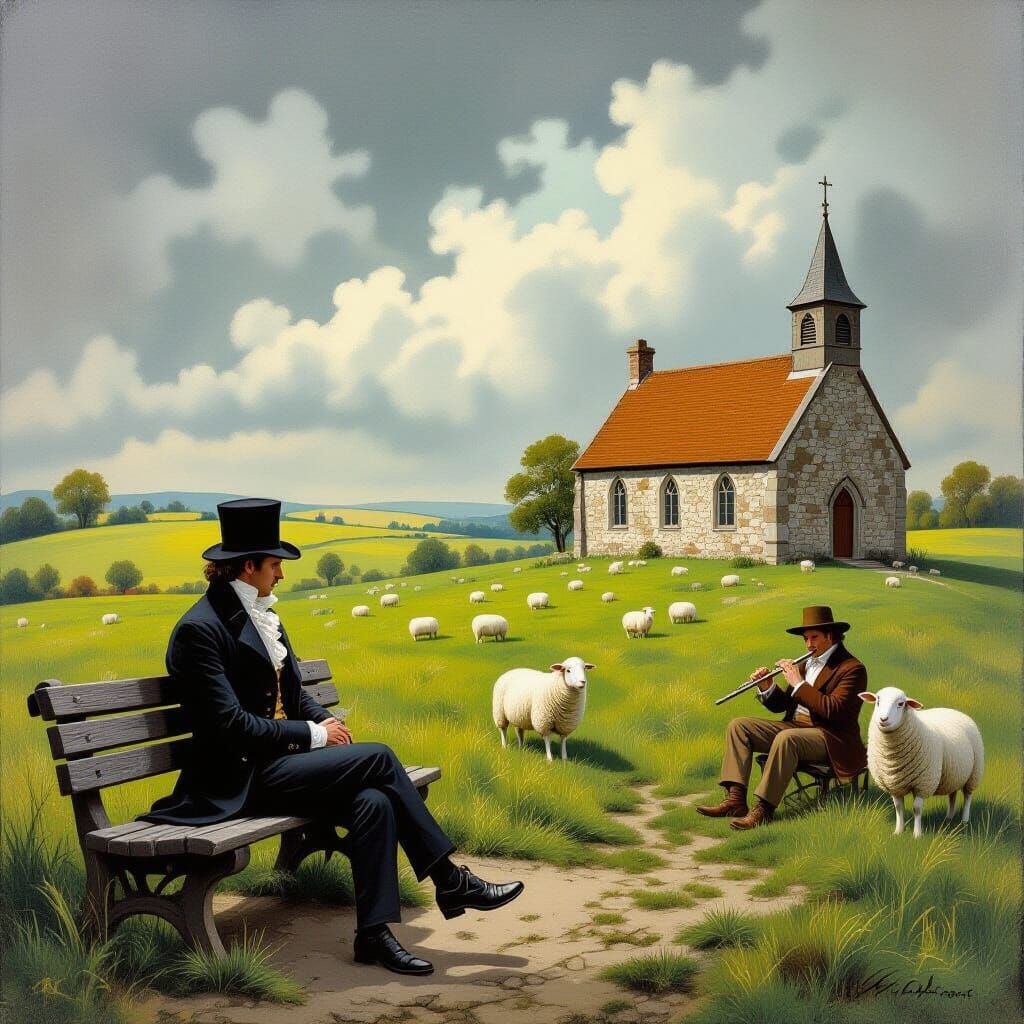 Surreal Pastoral Scene with Shepherd and Sheep