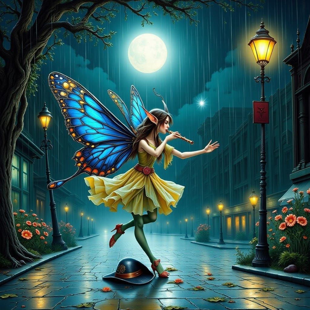 Beautiful Elf Busker Dancing in the Rain with Butterfly Wing...