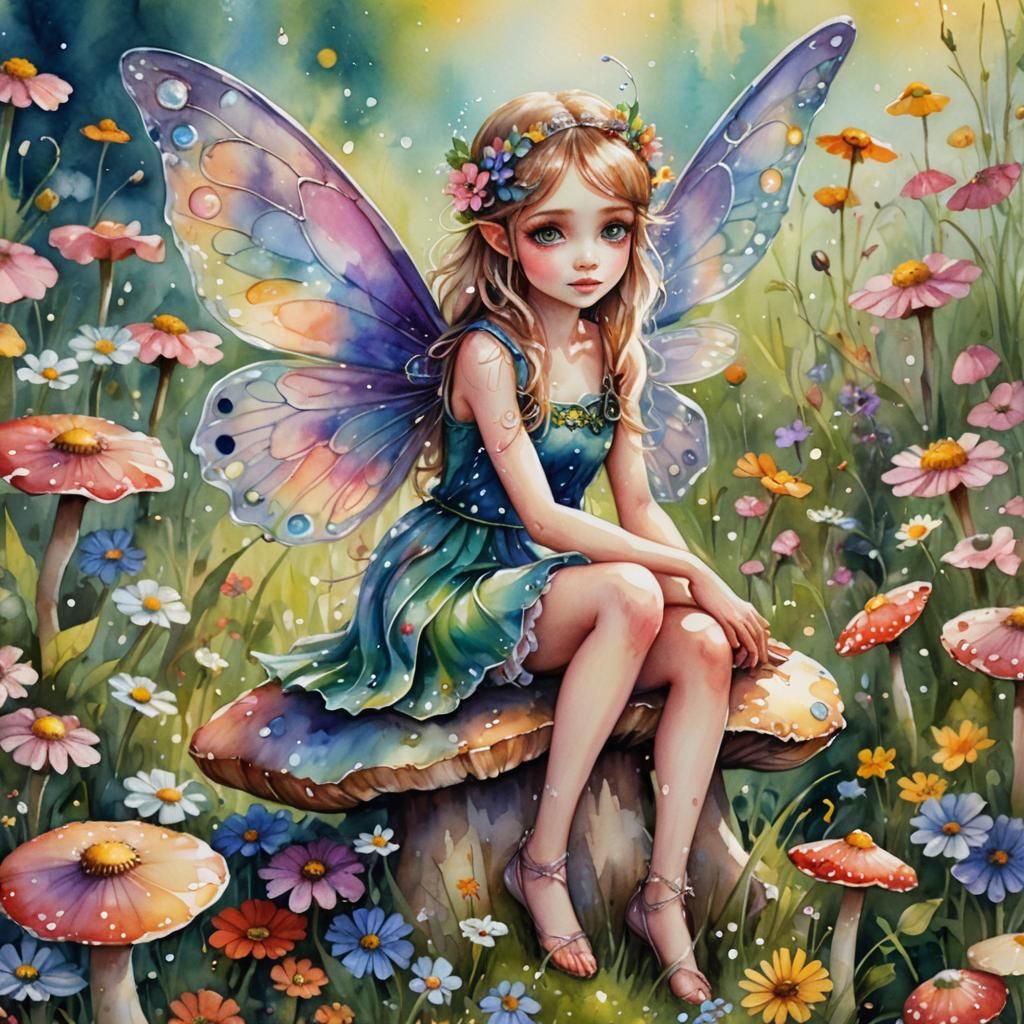 Cute Fairy in Floral Meadow: Whimsical Watercolor Art