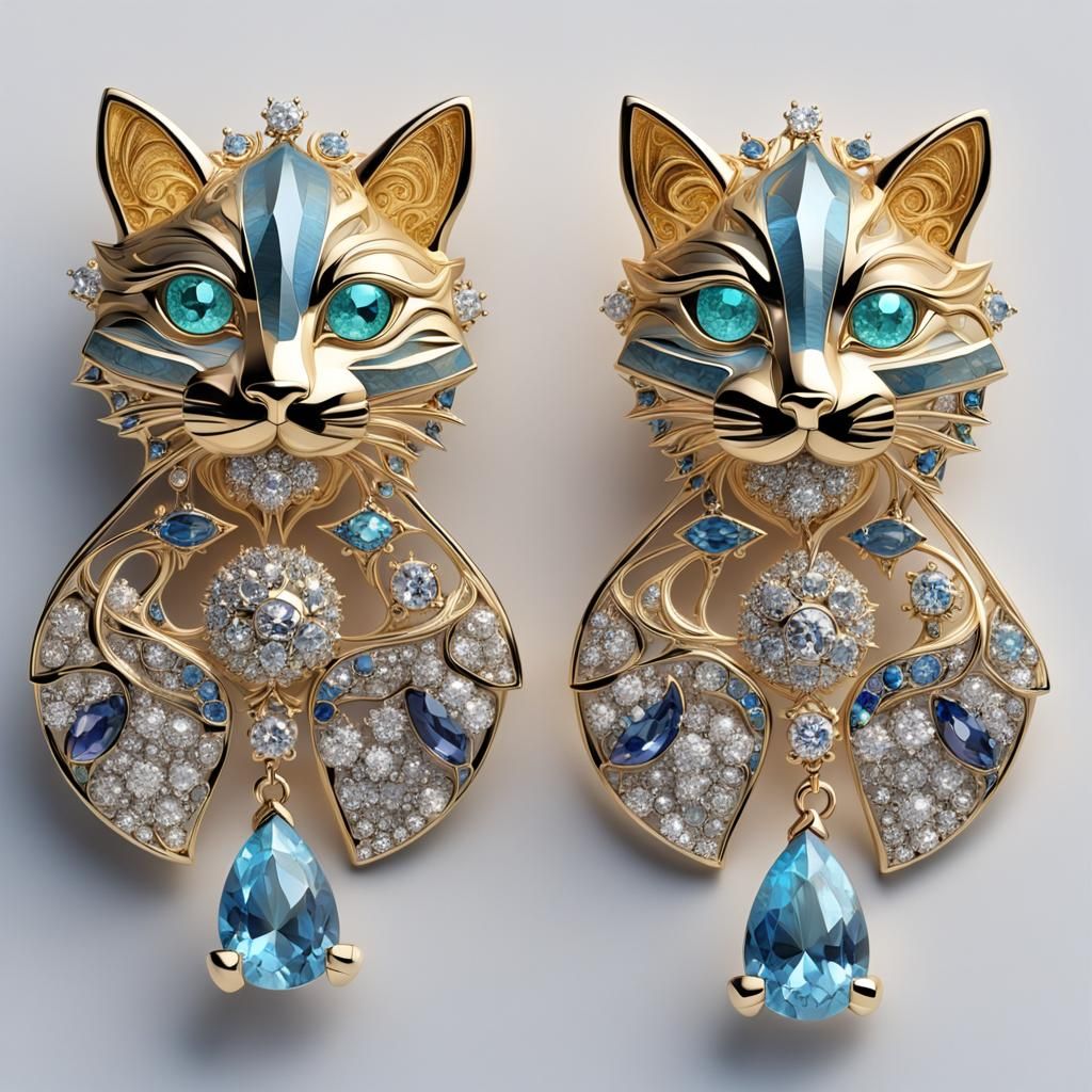 Gold Cat Earrings with Diamonds and Sapphires
