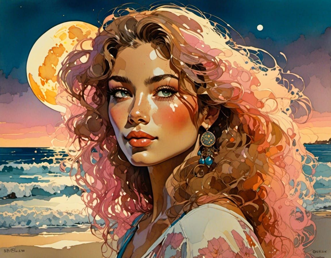 Young Woman Walks on Beach in Evening Light