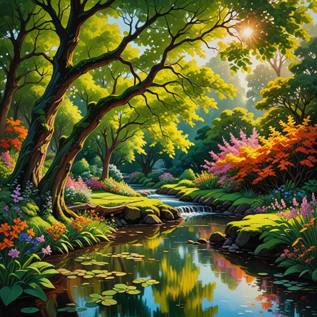 Vibrant Garden Scene in Warm Oil Painting Style