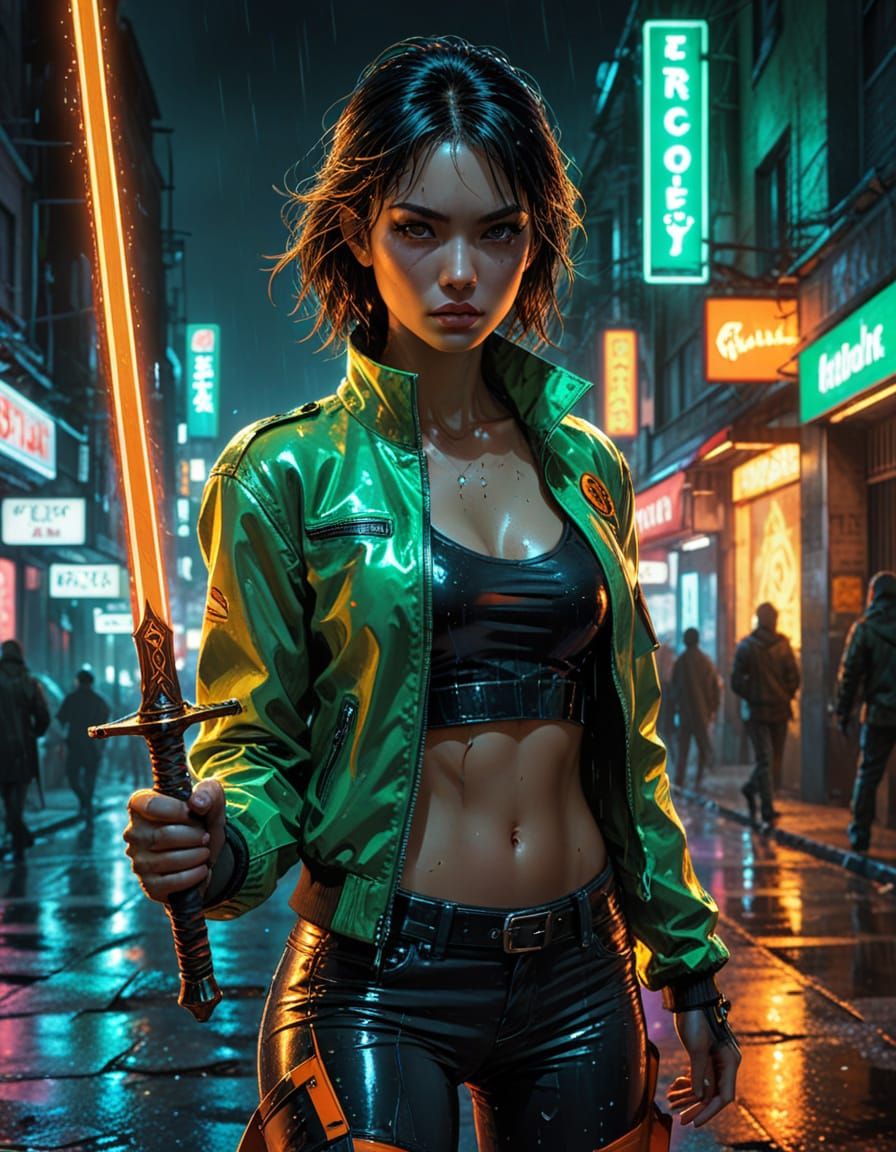 Neon Noir Woman with Sword in Comic Style