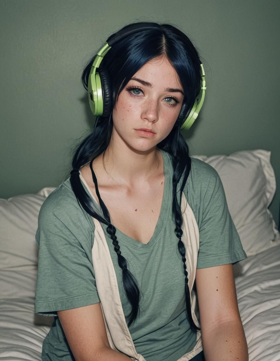 Sad Girl with Headphones in Faded Colors