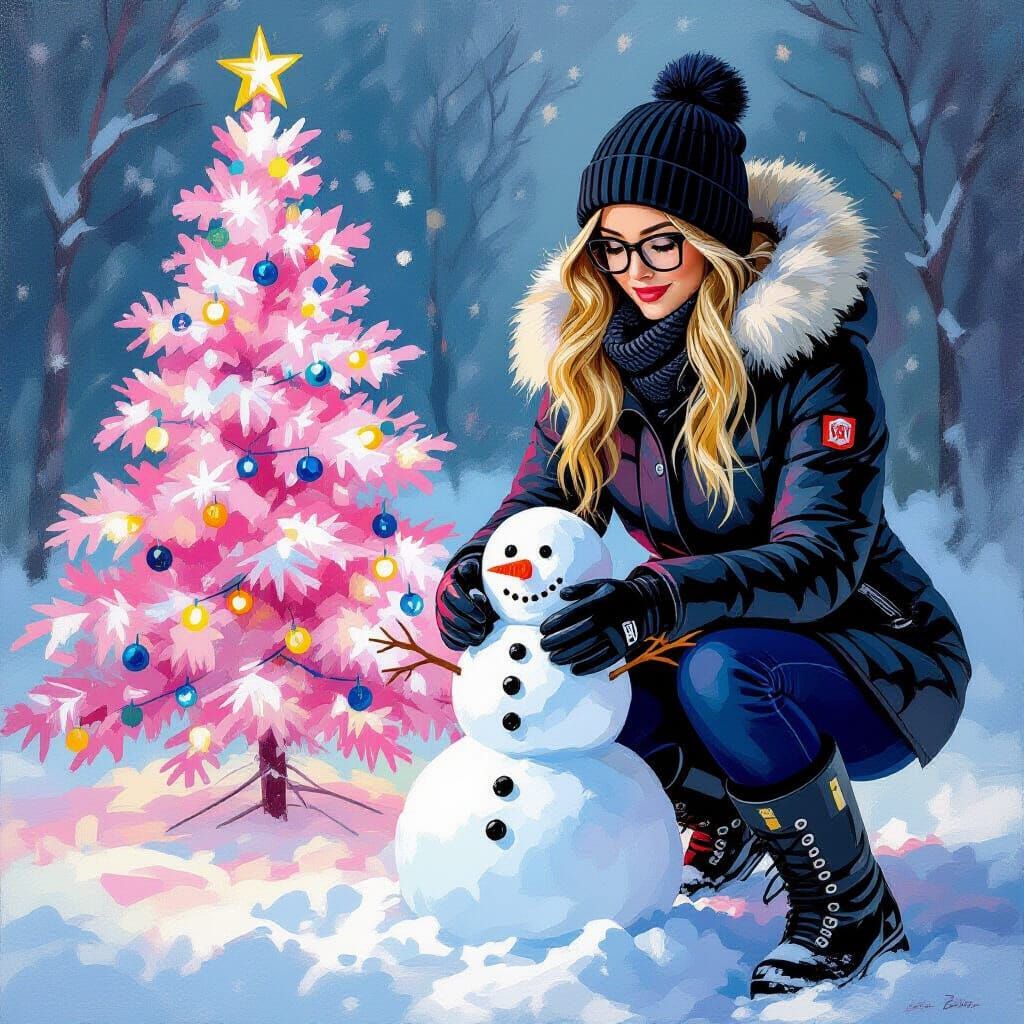Impressionist Woman Building Snowman by Pink Tree
