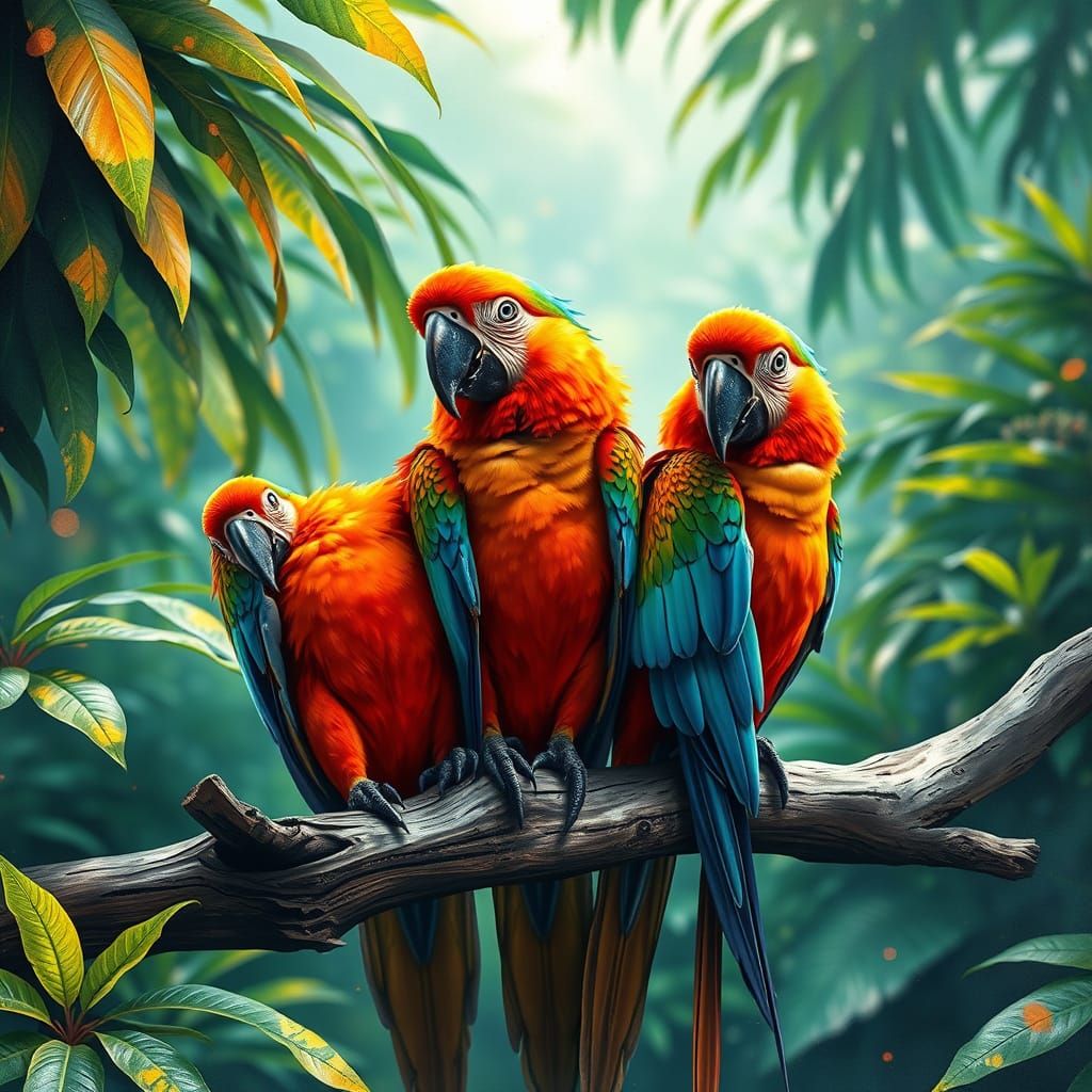 Vibrant Macaws in Lush Jungle, Alcohol Ink Style