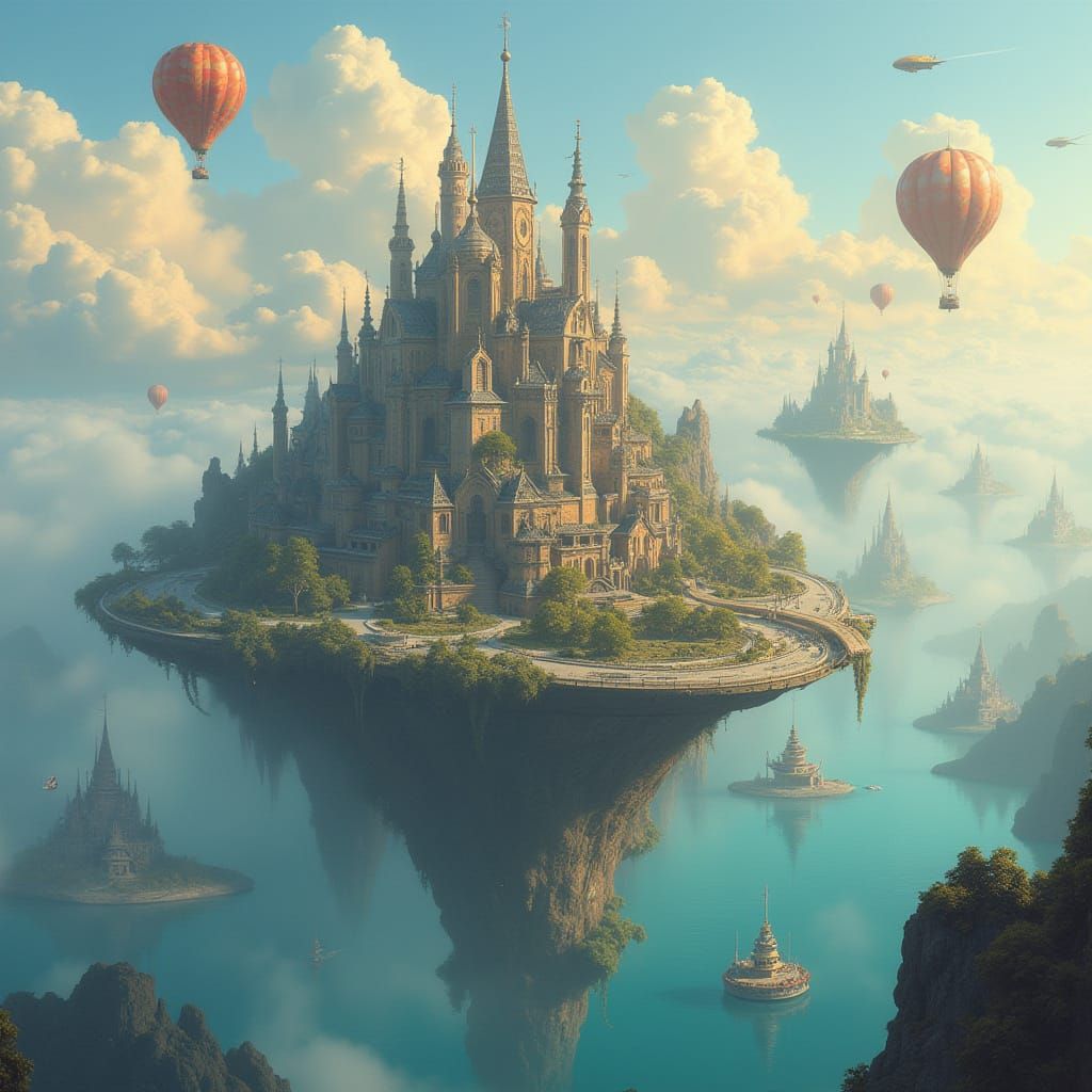 Floating Metropolis with Airships in a Dreamlike Style
