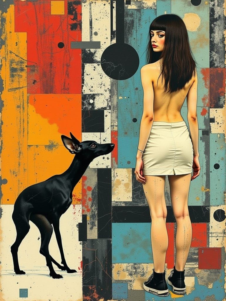Stylized Woman and Dog in Basquiat-Picasso Style