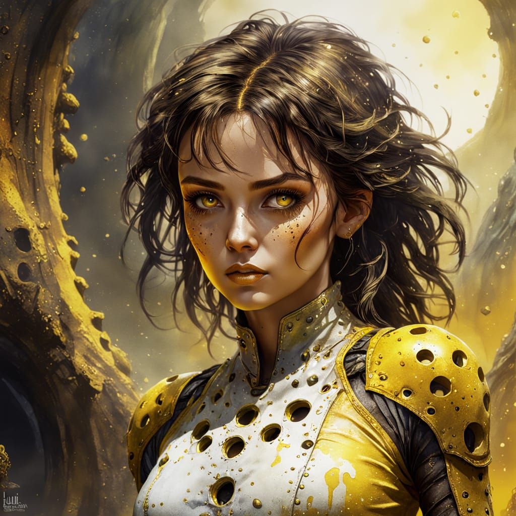 Brunette in Yellow Jumpsuit: Fantasy Art in Watercolor Style