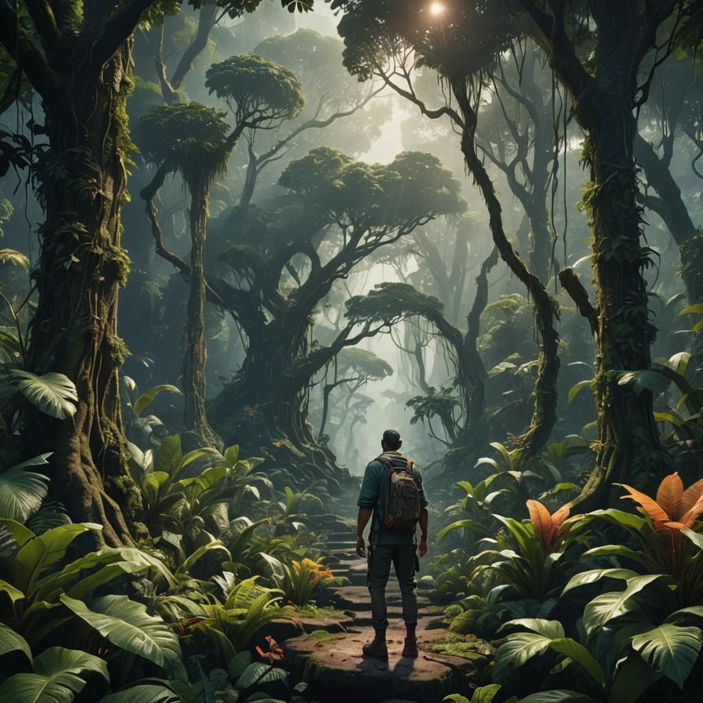 Lonely Man in Jungle: Detailed Matte Painting