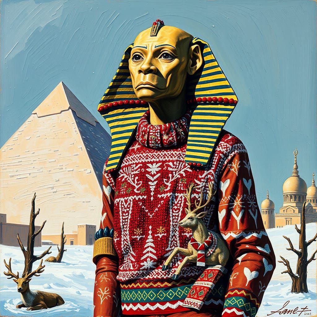 Sphinx in Snowy Egypt Dons Quirky Christmas Sweater