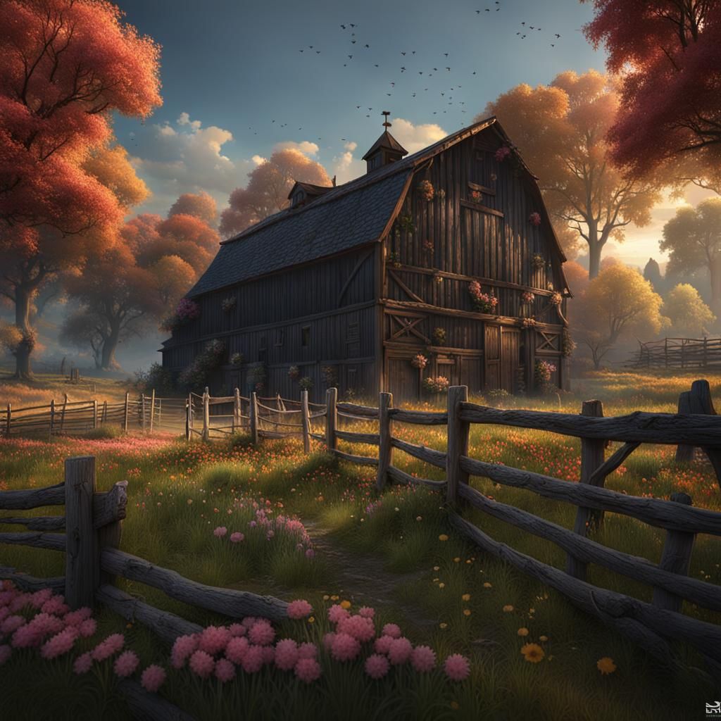 Fantastical Barn Matte Painting with Flowers