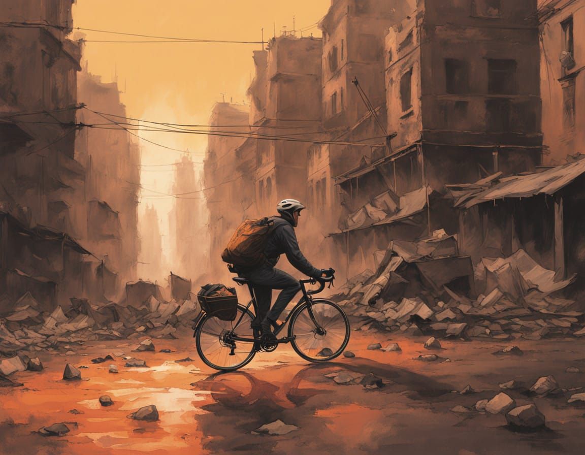 War-Torn Cityscape Delivery in Gritty Realism Style