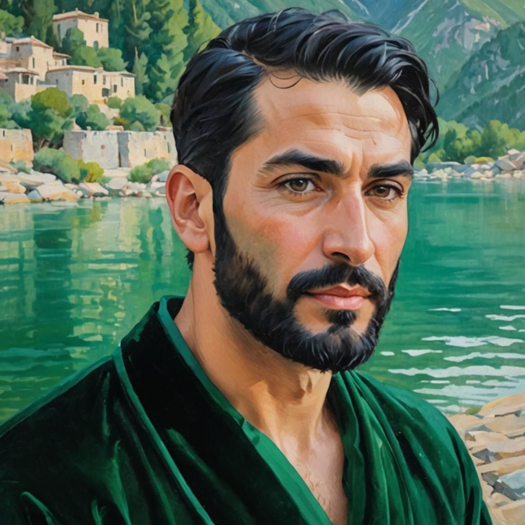 Emerald Green Velvet Robe Portrait in Impressionist Style