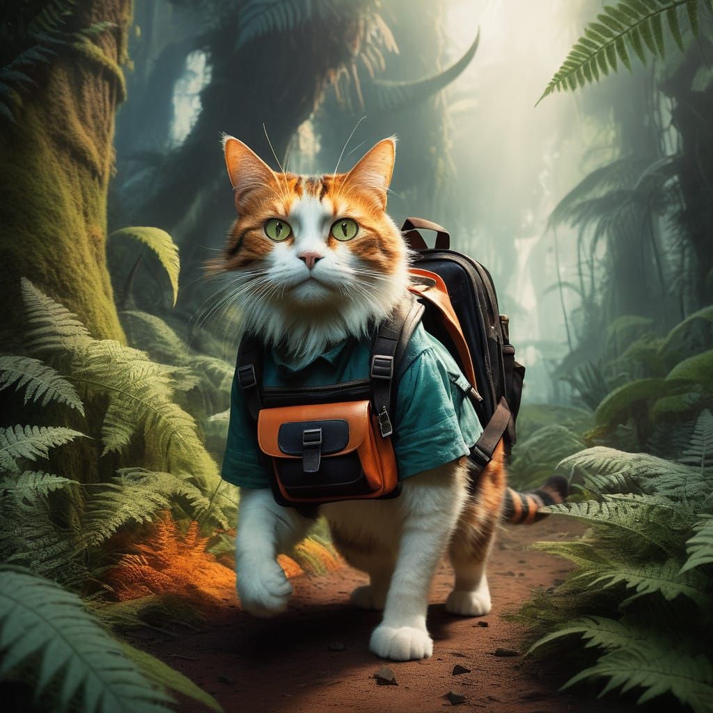 Vibrant Calico Cat Chases Prehistoric Danger