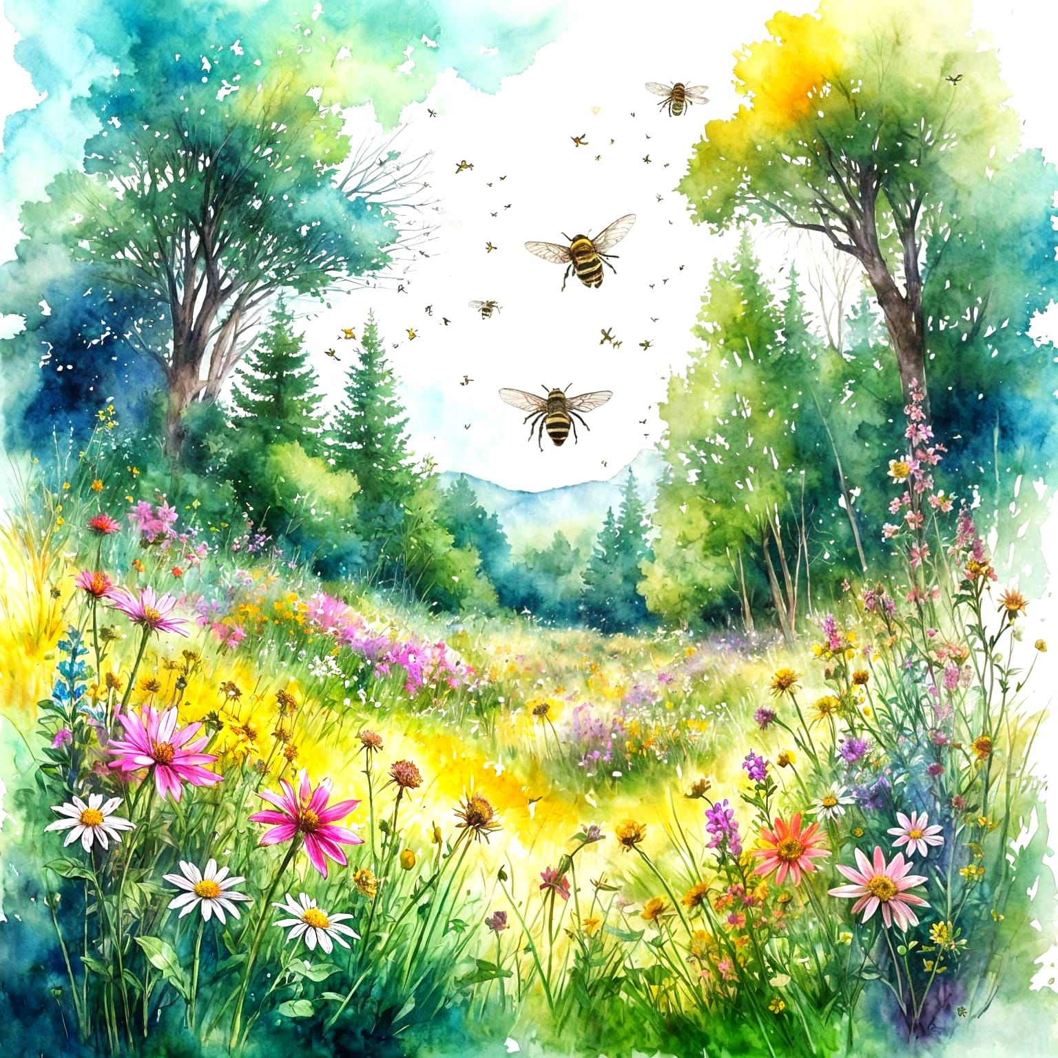 Bees and Colorful Flowers in a Sunny Meadow