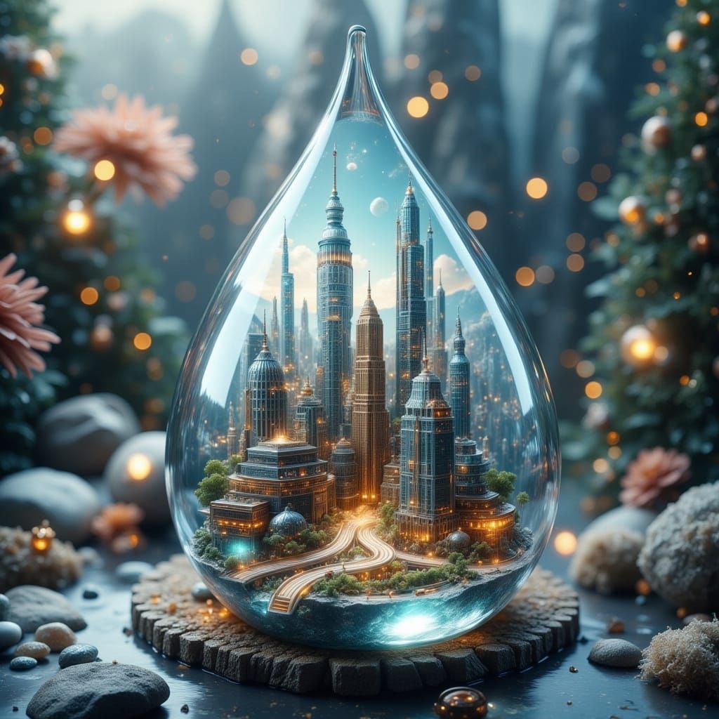 Miniature City Inside Giant Crystal Water Droplet