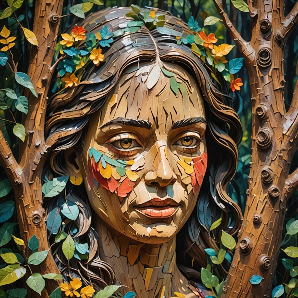 Wood Carving: Serene Woman in Forest, Impressionist Gouache