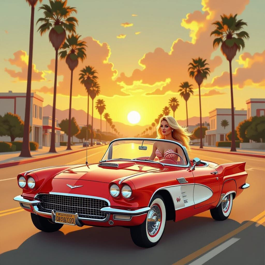 Classic Corvette on Sunset Strip in Retro-Futuristic Style