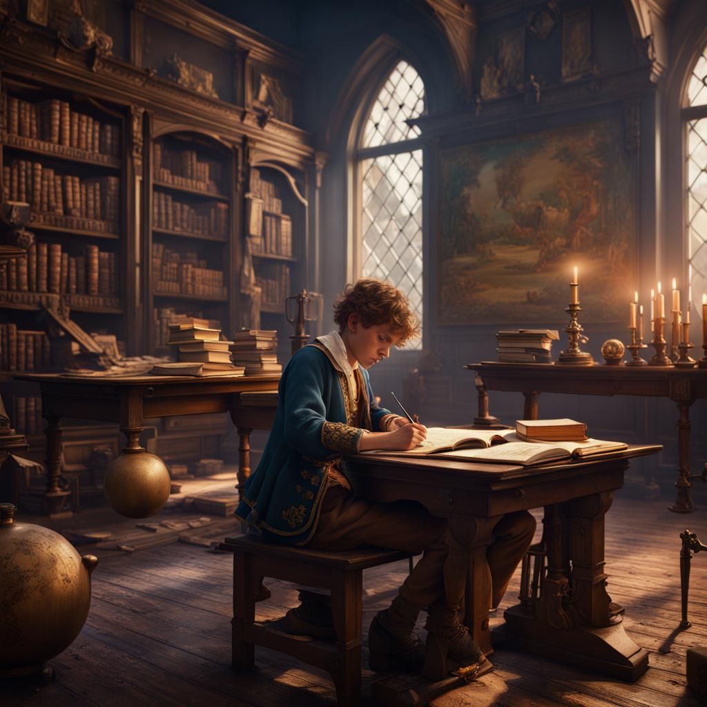 Boy Studying in Classroom, Detailed Matte Painting