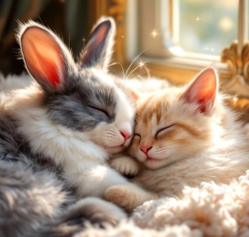 Whimsical Feline and Canine Friends in Warm Impressionist Wa...