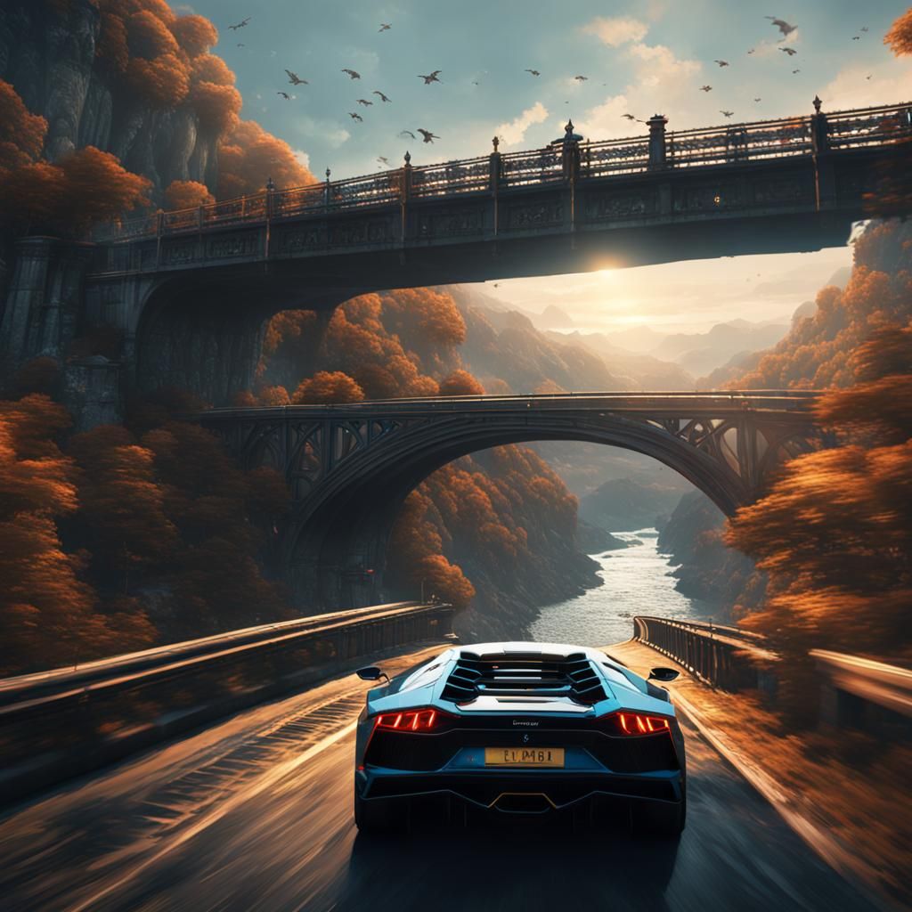 Lambo Drives off Bridge: Detailed Matte Painting