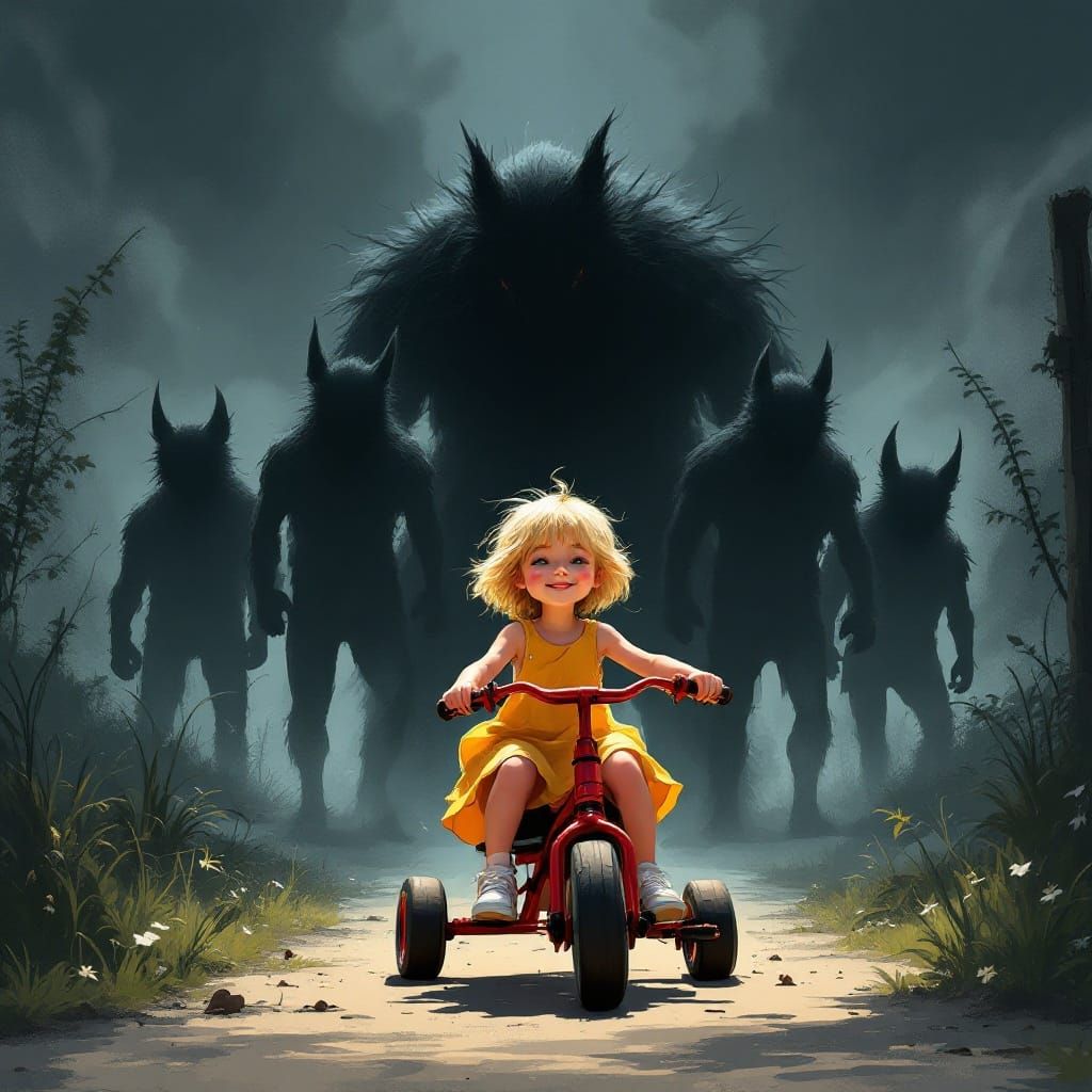 Child on Tricycle with Shadow Figures, Anime Style